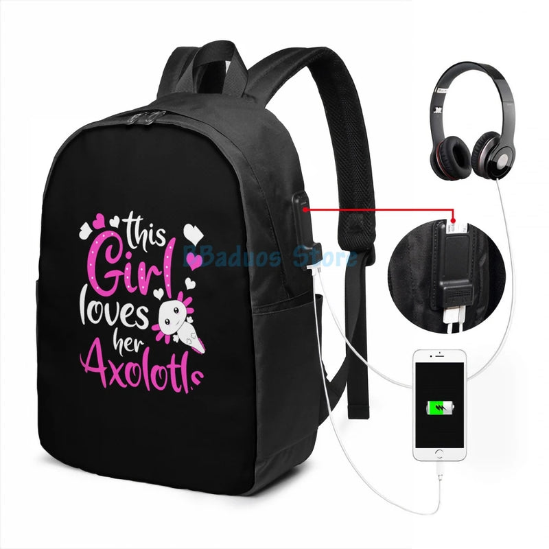 Axolotl Graphic Print USB Charge Backpack Men Women Travel Laptop Bag
