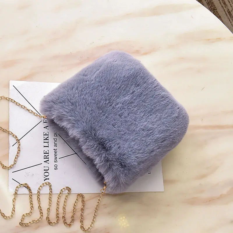 Gray Winter Chains Square Shaped Furry Faux Fur Bag