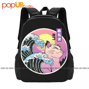 Great Wave Japanese Vaporwave Cat 90S Backpack Large Capacity Travel Schoolbag