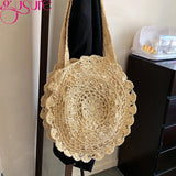 Round Woven Straw Beach Bag Shoulder Tote for Summer Travel