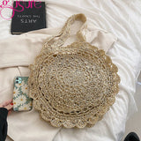 Round Woven Straw Beach Bag Shoulder Tote for Summer Travel