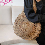 Round Woven Straw Beach Bag Shoulder Tote for Summer Travel