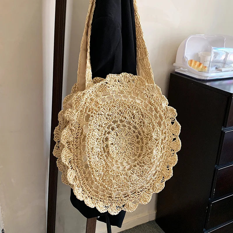Round Woven Straw Beach Bag Shoulder Tote for Summer Travel