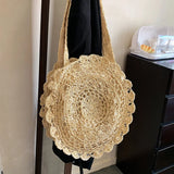 Round Woven Straw Beach Bag Shoulder Tote for Summer Travel
