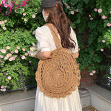 Round Woven Straw Beach Bag Shoulder Tote for Summer Travel