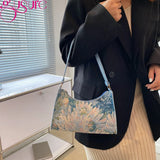 Women Canvas Shoulder Bag Oil Painting Underarm Hobos Bag