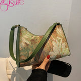 Women Canvas Shoulder Bag Oil Painting Underarm Hobos Bag