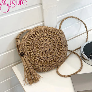 Crochet Straw Crossbody Bag Round Woven Knitted Handbag Beach Tassel Bags Girls
