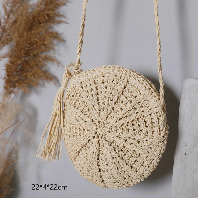 Crochet Straw Crossbody Bag Round Woven Knitted Handbag Beach Tassel Bags Girls