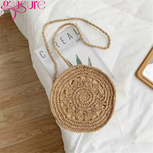 Hand-Weave Straw Bag Knit Hollow Flower Crossbody Beach Bag