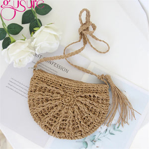 Hand-Woven Straw Shoulder Beach Bag with Tassel - Khaki Beige