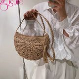 Hand-Woven Straw Shoulder Beach Bag with Tassel - Khaki Beige