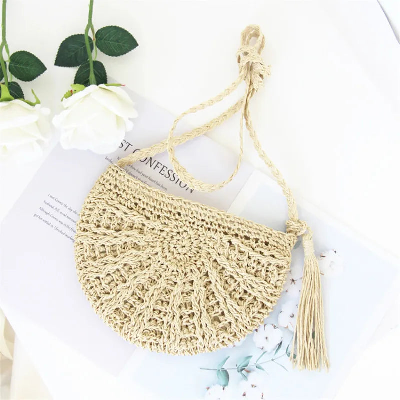 Hand-Woven Straw Shoulder Beach Bag with Tassel - Khaki Beige