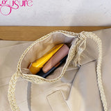 Hand-Woven Straw Shoulder Beach Bag with Tassel - Khaki Beige