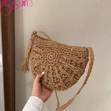 Hand-Woven Straw Shoulder Beach Bag with Tassel - Khaki Beige