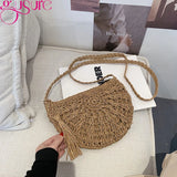 Hand-Woven Straw Shoulder Beach Bag with Tassel - Khaki Beige