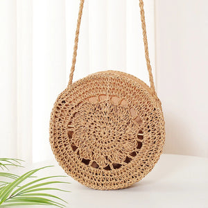 Round Rattan Woven Straw Crossbody Bag Hollow Shoulder Bags