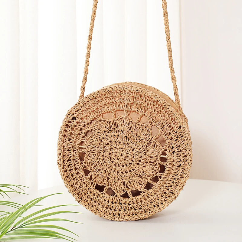 Round Rattan Woven Straw Crossbody Bag Hollow Shoulder Bags