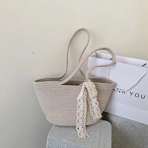 Women's Straw Woven Top-handle Handbag Vintage Ribbon Large Capacity