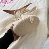 Women's Straw Woven Top-handle Handbag Vintage Ribbon Large Capacity
