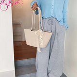 Women's Straw Woven Top-handle Handbag Vintage Ribbon Large Capacity