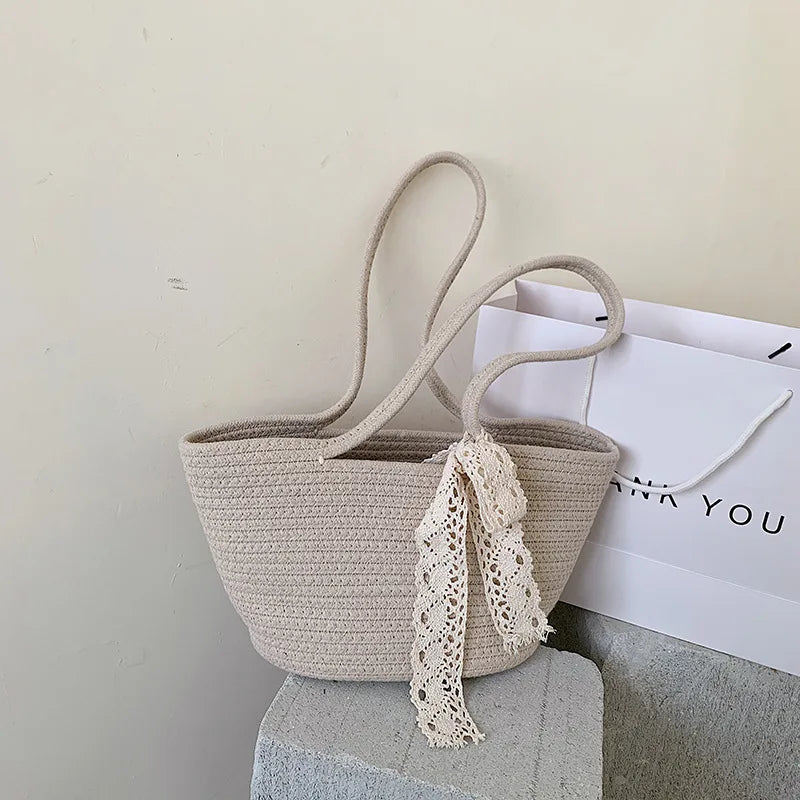Women's Straw Woven Top-handle Handbag Vintage Ribbon Large Capacity