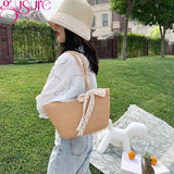 Women's Straw Woven Top-handle Handbag Vintage Ribbon Large Capacity