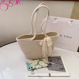 Women's Straw Woven Top-handle Handbag Vintage Ribbon Large Capacity