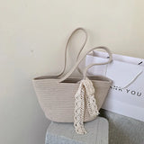 Women's Straw Woven Top-handle Handbag Vintage Ribbon Large Capacity