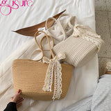 Women's Straw Woven Top-handle Handbag Vintage Ribbon Large Capacity