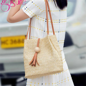 Women Weave Straw Beach Bag Woven Bucket Shoulder Tote Tassel Handbag
