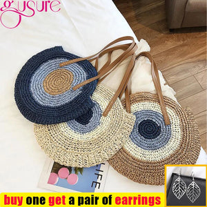 Round Straw Beach Bag Vintage Woven Shoulder Bag Raffia Circle Rattan