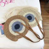 Round Straw Beach Bag Vintage Woven Shoulder Bag Raffia Circle Rattan
