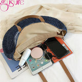 Round Straw Beach Bag Vintage Woven Shoulder Bag Raffia Circle Rattan