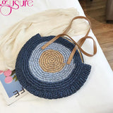 Round Straw Beach Bag Vintage Woven Shoulder Bag Raffia Circle Rattan