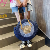 Round Straw Beach Bag Vintage Woven Shoulder Bag Raffia Circle Rattan