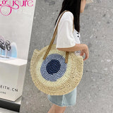 Round Straw Beach Bag Vintage Woven Shoulder Bag Raffia Circle Rattan