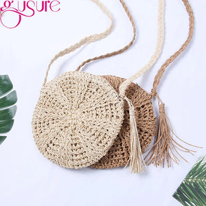 Round Women String Woven Rattan Messenger Bags Straw Circular Lady Tassel Beach