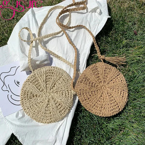 Round Woven Rattan Messenger Bag with Tassel