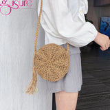 Round Women String Woven Rattan Messenger Bags Straw Circular Lady Tassel Beach
