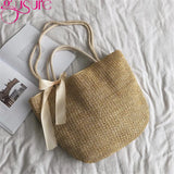 Straw Bucket Women Bag Drawstring Girls Shoulder Bags with Ribbon Female Handbag
