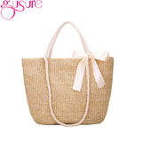 Straw Bucket Women Bag Drawstring Girls Shoulder Bags with Ribbon Female Handbag