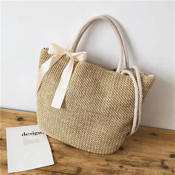 Straw Bucket Women Bag Drawstring Girls Shoulder Bags with Ribbon Female Handbag