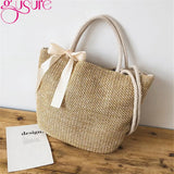 Straw Bucket Women Bag Drawstring Girls Shoulder Bags with Ribbon Female Handbag
