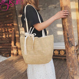 Straw Bucket Women Bag Drawstring Girls Shoulder Bags with Ribbon Female Handbag