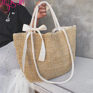 Straw Bucket Women Bag Drawstring Girls Shoulder Bags with Ribbon Female Handbag