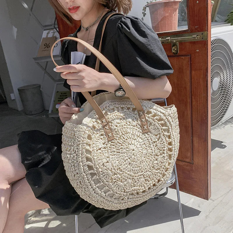 Summer Round Straw Rattan Bag Casual Woven Beach Totes Female Large Capacity
