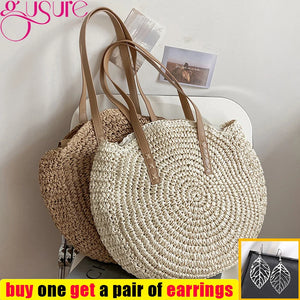 Summer Round Straw Rattan Bag Casual Woven Beach Totes Female Large Capacity