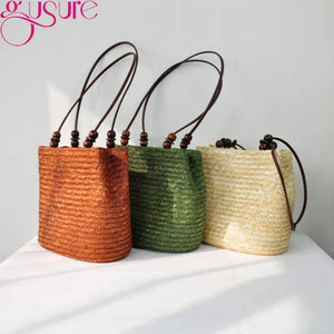 Straw Shoulder Bag Beach Bucket Handbag Rattan Woven Casual Tote