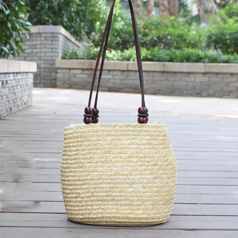 Straw Shoulder Bag Beach Bucket Handbag Rattan Woven Casual Tote